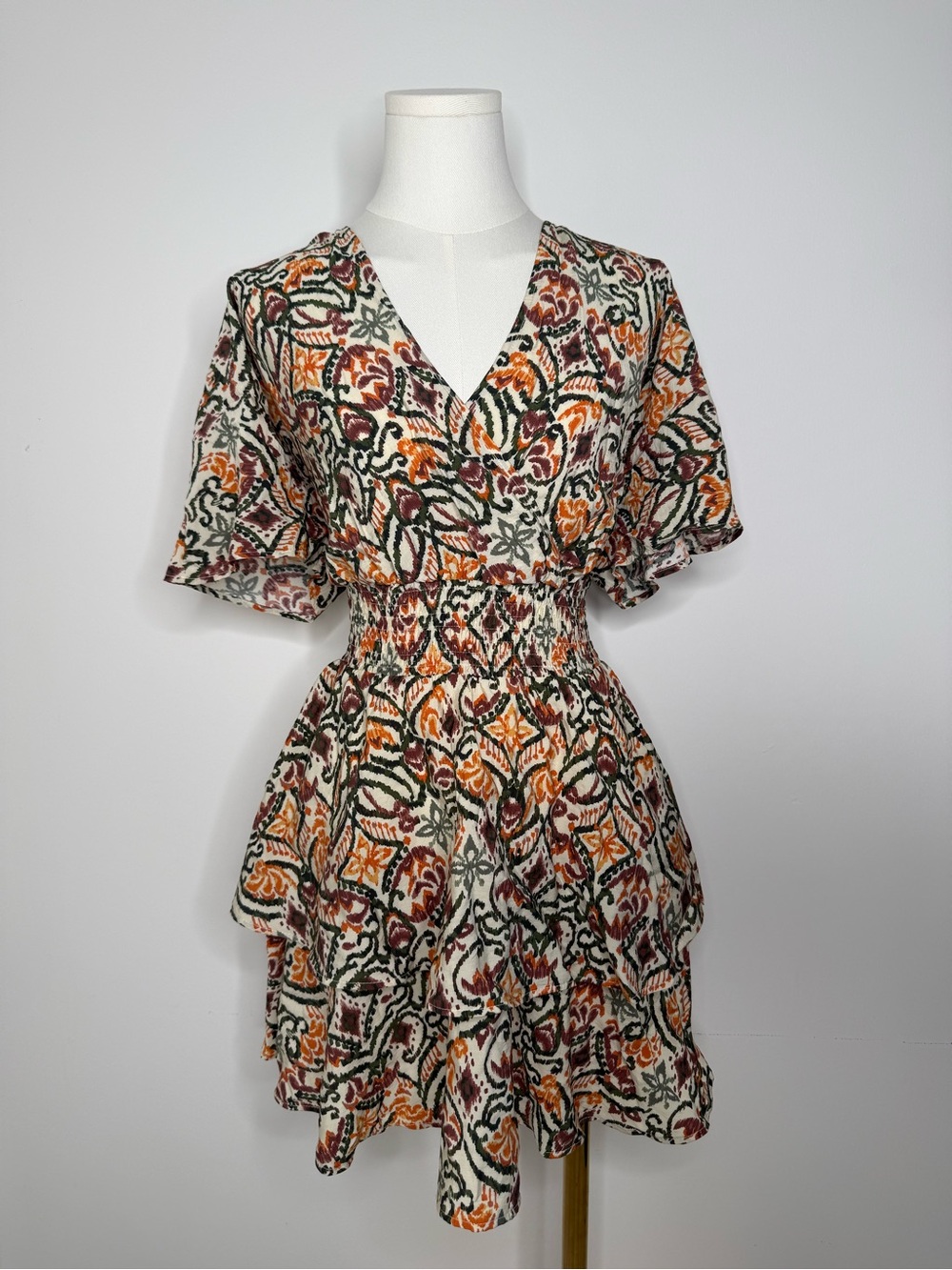 Zara Cream Mini Dress with Orange, Black & Green Print